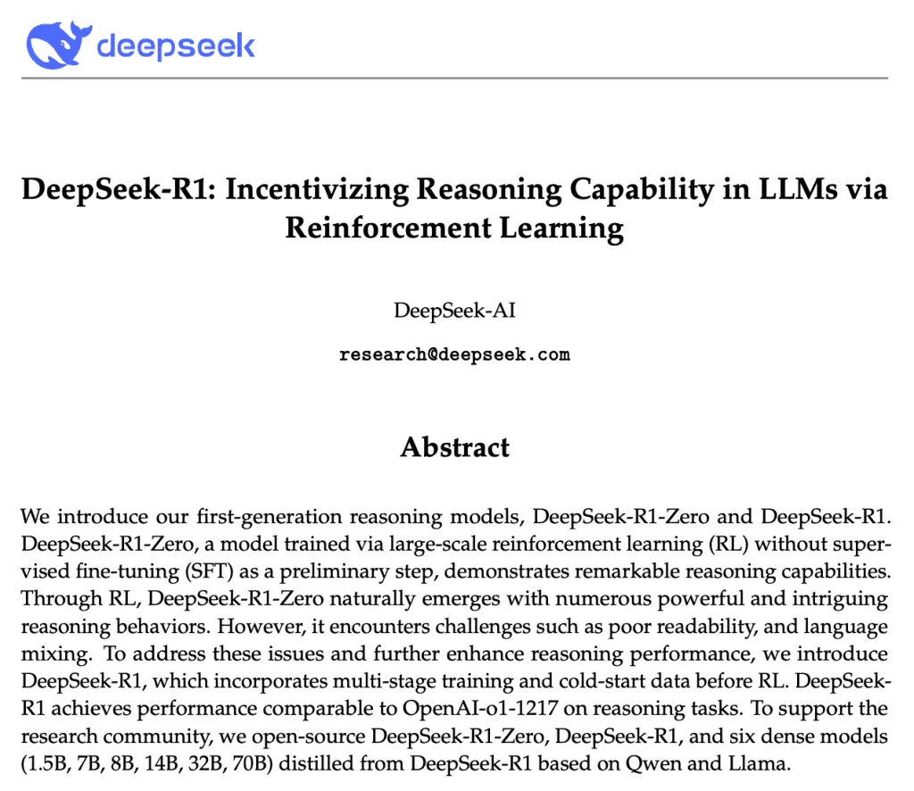 DeepSeek R1 research paper abstract explaining reinforcement learning based reasoning model architecture