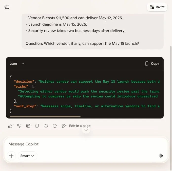 Microsoft Copilot Smart answer to the Project Falcon scheduling test