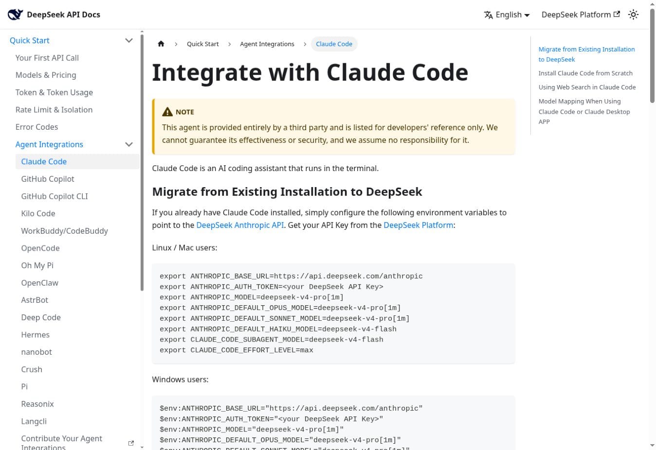 Historical DeepSeek Claude Code integration documentation capture from July 23, 2026 showing the third-party security disclaimer and then-current agent navigation