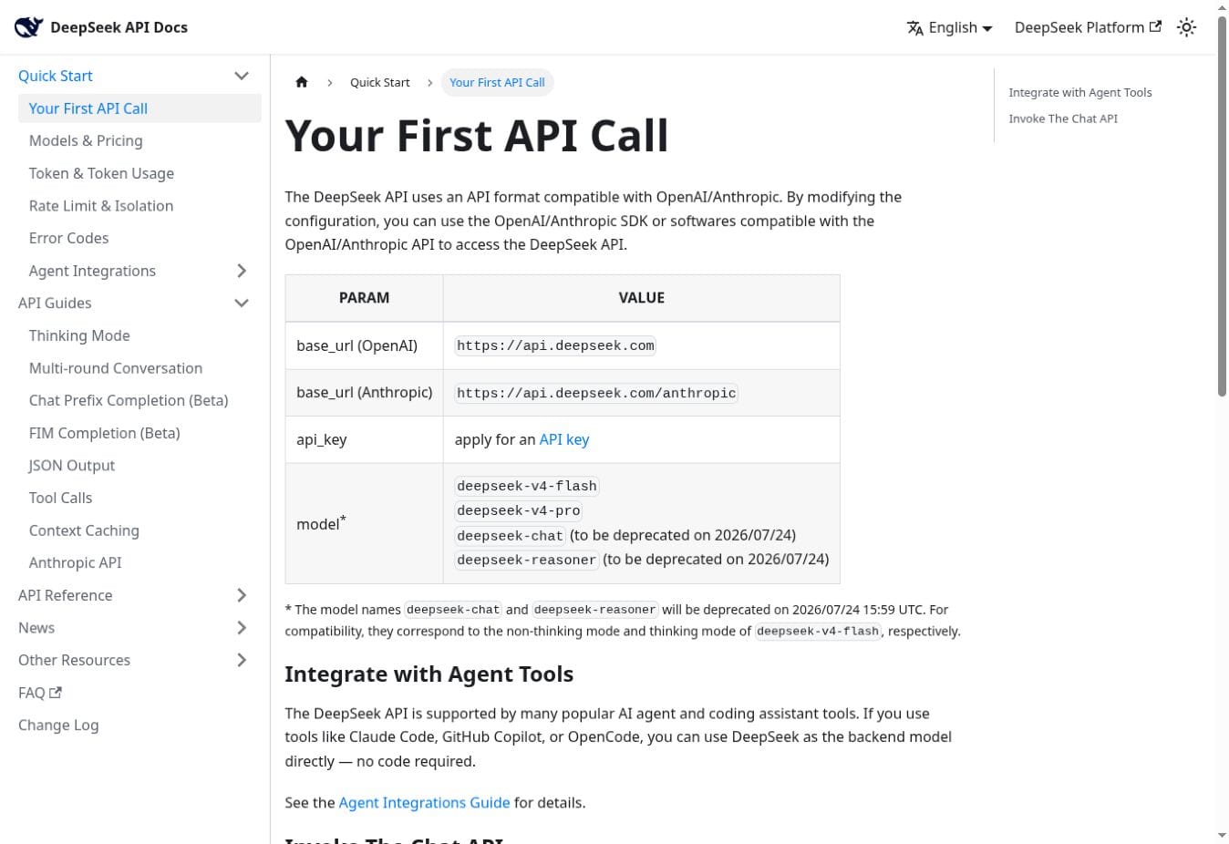 Historical DeepSeek API Docs capture from July 23, 2026 showing OpenAI and Anthropic base URLs, Flash and Pro, and the retiring chat and reasoner aliases