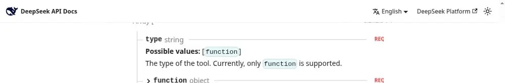 DeepSeek Chat Completions documentation showing that the tools field supports functions