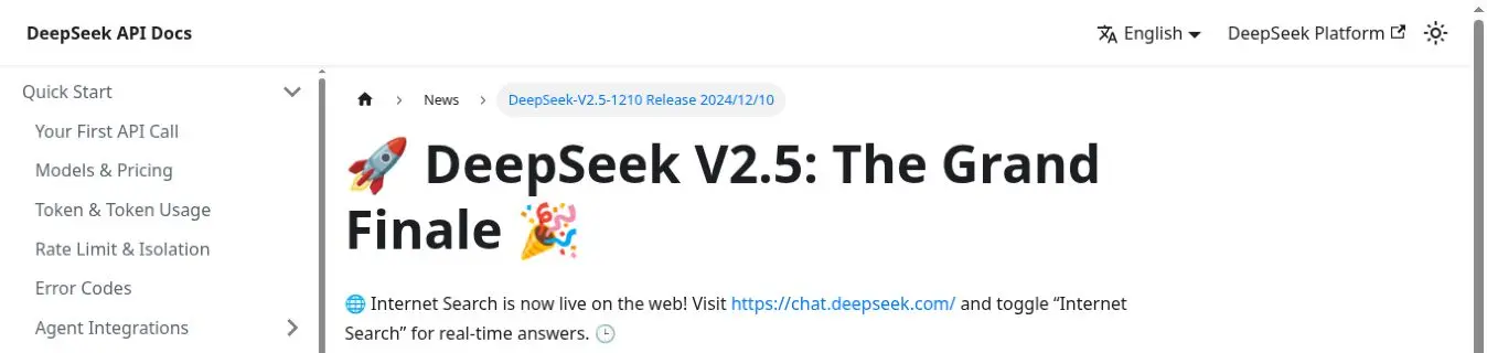 DeepSeek API Docs announcement that Internet Search is available in the official web chat