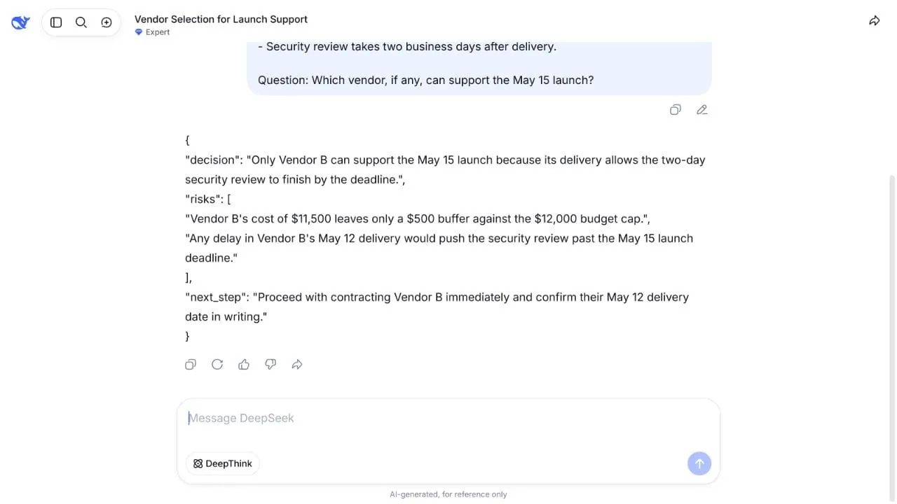 DeepSeek Expert benchmark result selecting Vendor B correctly