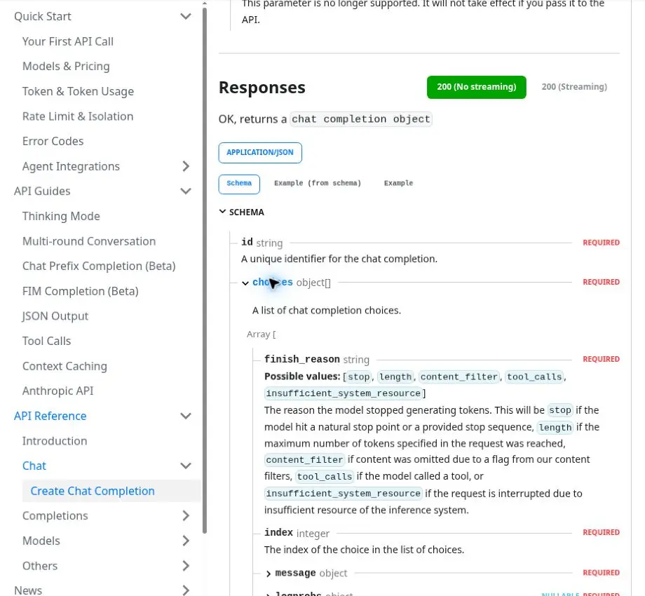 DeepSeek Chat Completions schema showing five finish_reason values and their meanings