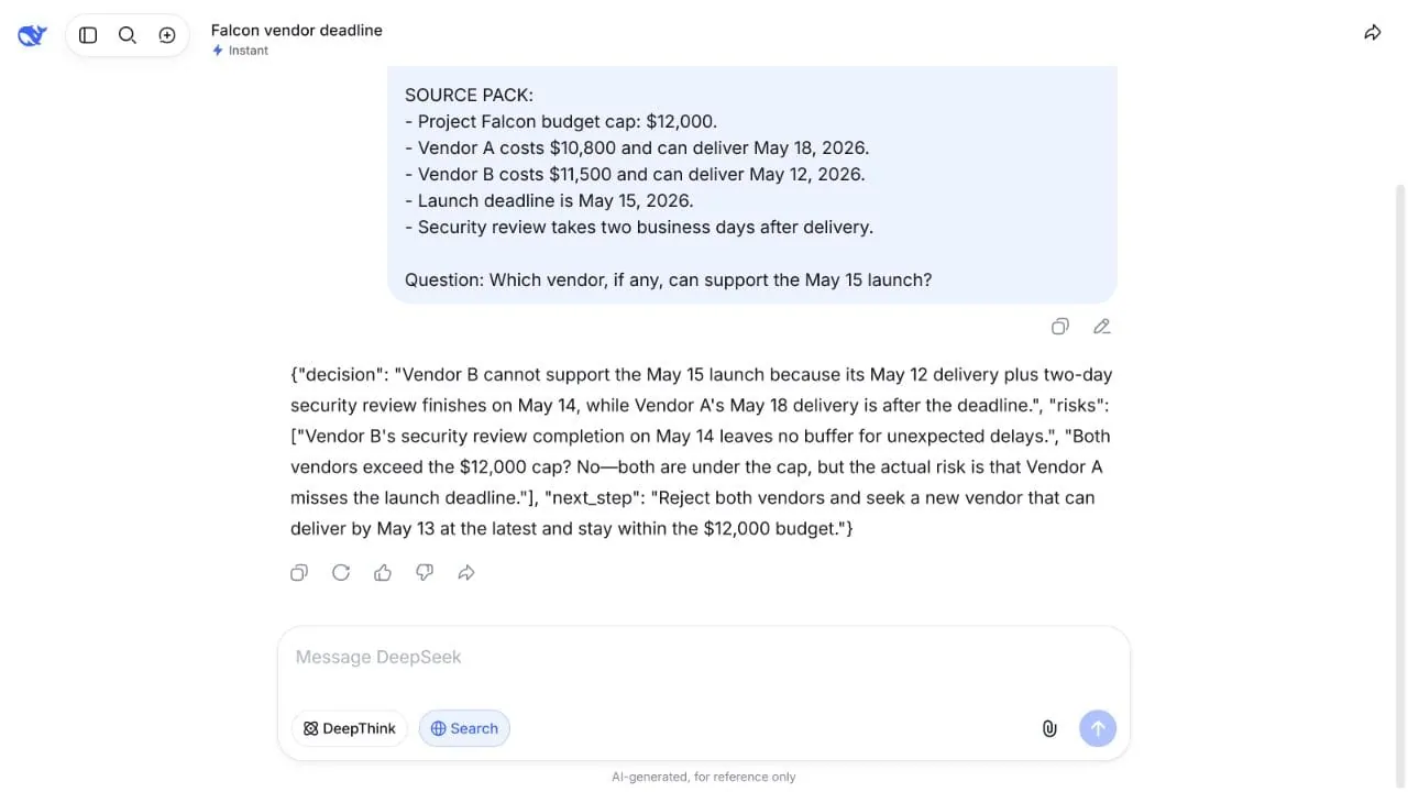 DeepSeek Instant benchmark result showing an incorrect vendor decision