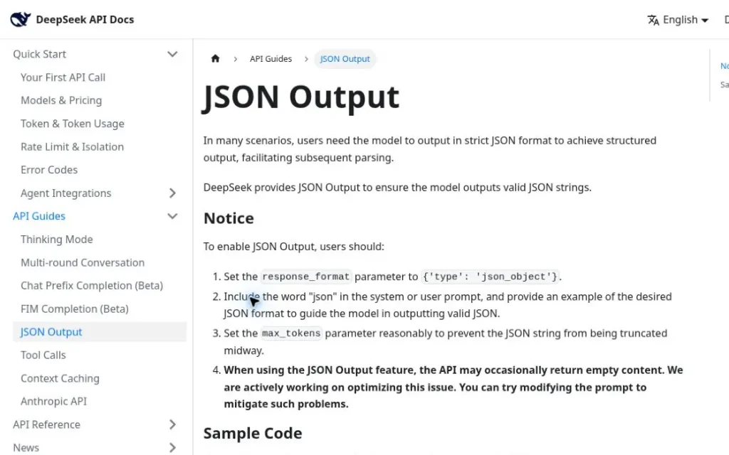 DeepSeek JSON Output notice about max_tokens truncation and empty content