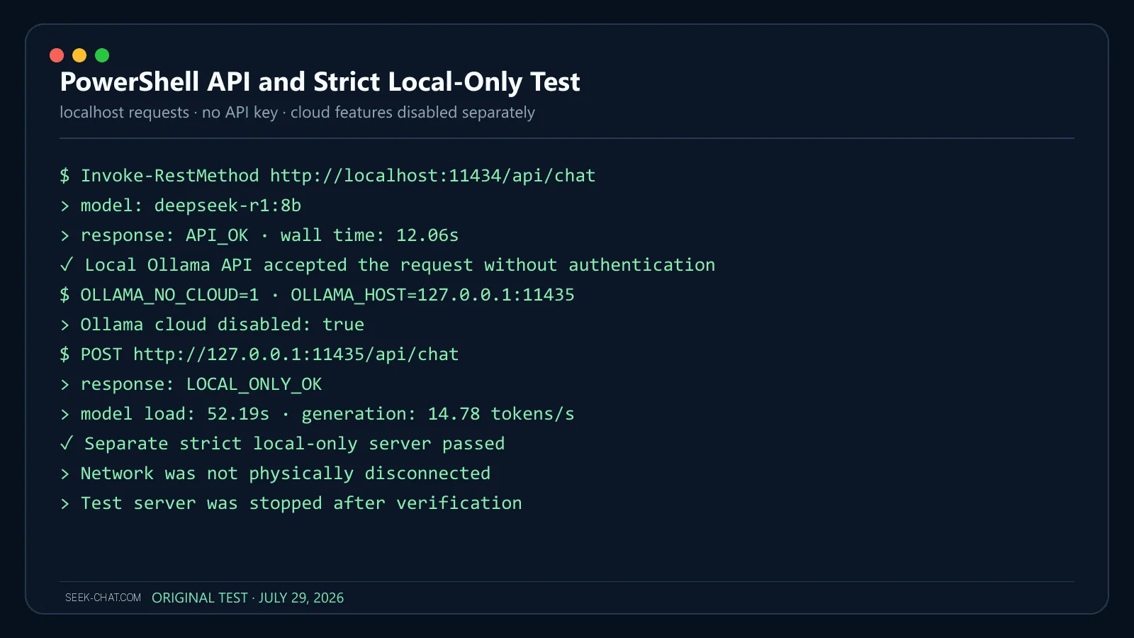 PowerShell calling DeepSeek R1 through the local Ollama API with cloud disabled
