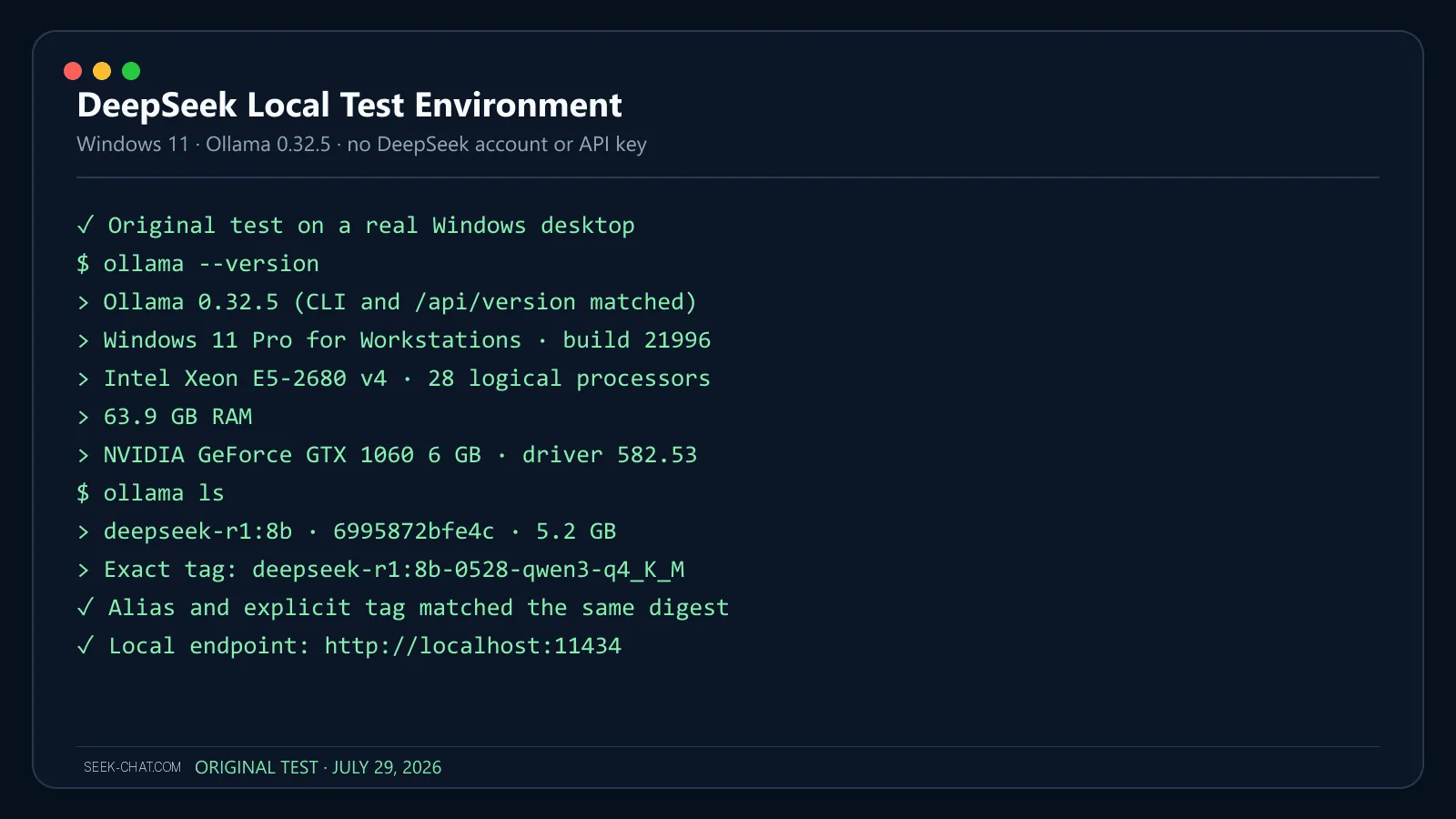 DeepSeek R1 8B running locally with Ollama 0.32.5 on Windows