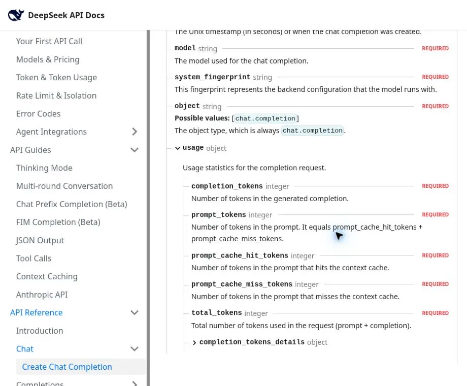 DeepSeek Chat Completions usage fields for prompt completion cache and total tokens