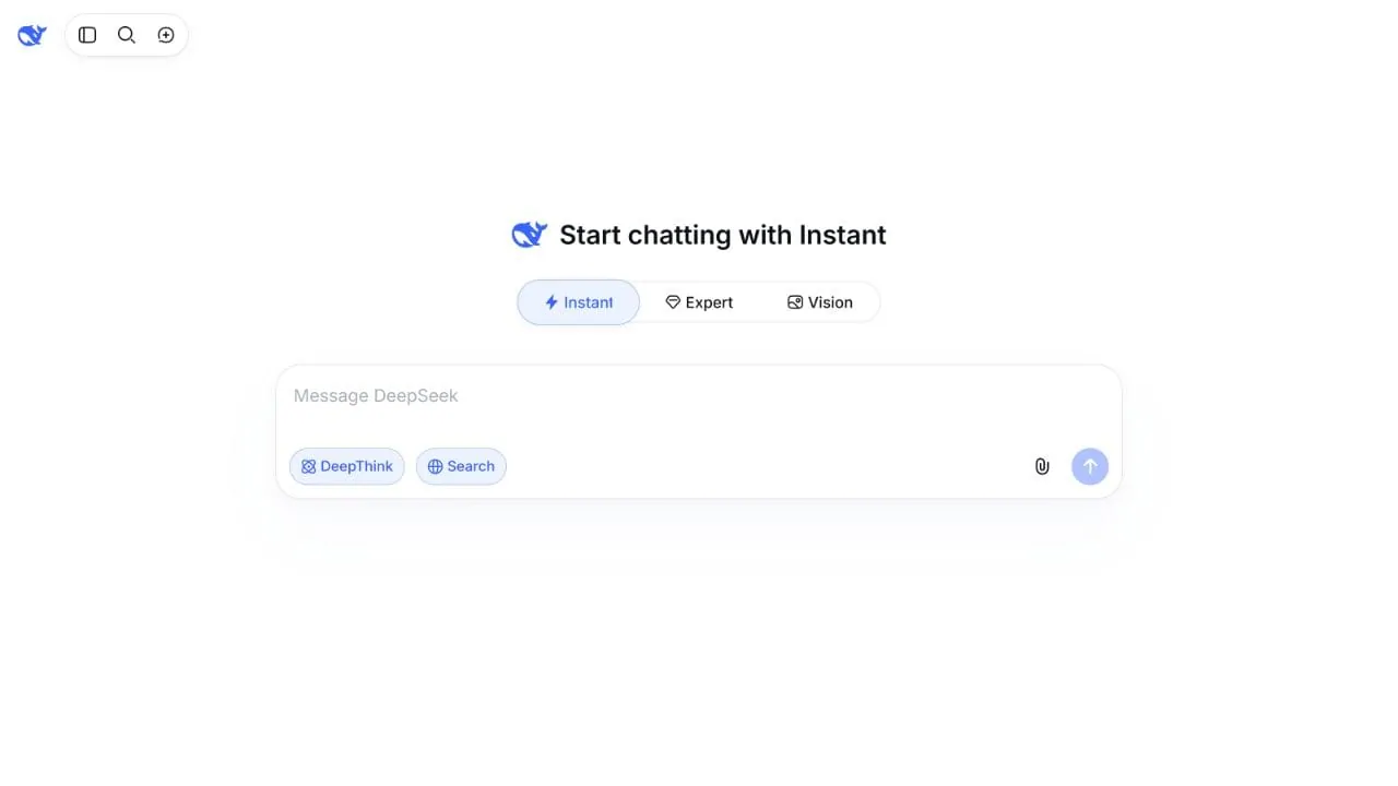 DeepSeek web chat English interface in Instant mode used for the editorial language test