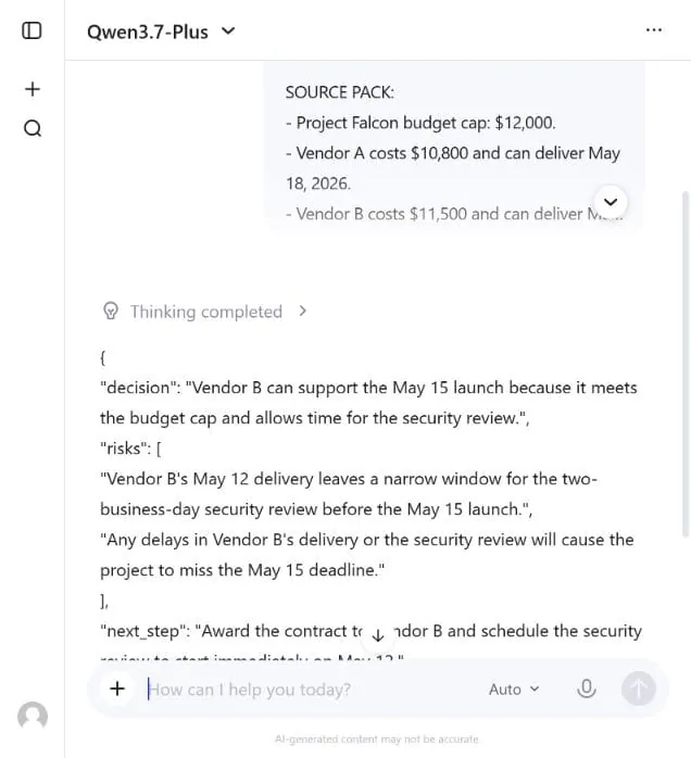 Qwen 3.7 Plus Chat result selecting Vendor B correctly in the live structured test