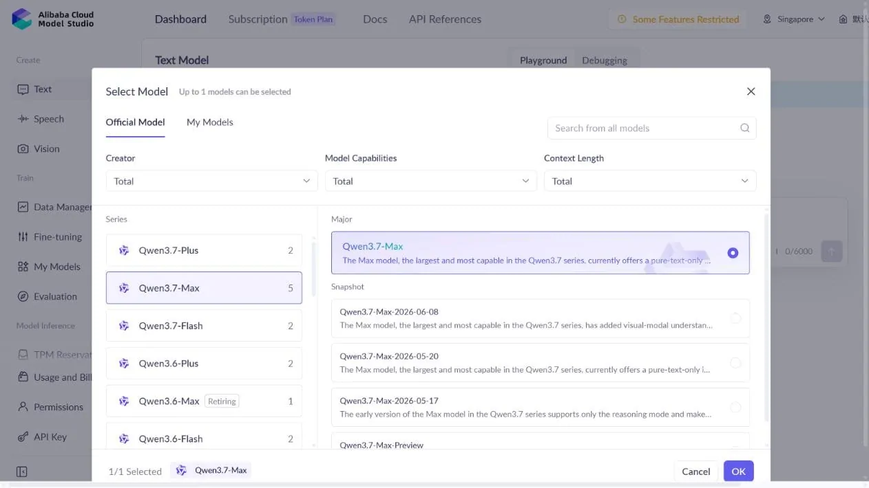 Alibaba Cloud Model Studio selector showing Qwen3.7 Max, Plus, Flash, and current model snapshots