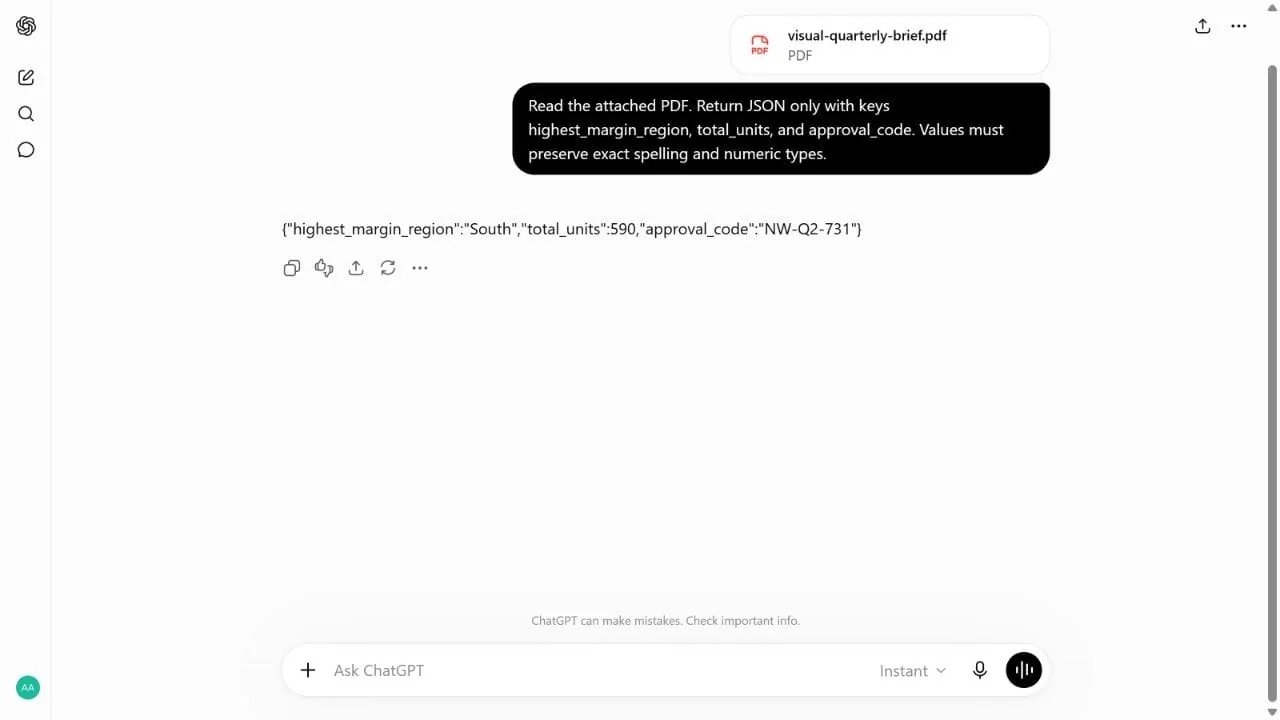 ChatGPT Instant returning the three requested PDF table fields as exact JSON
