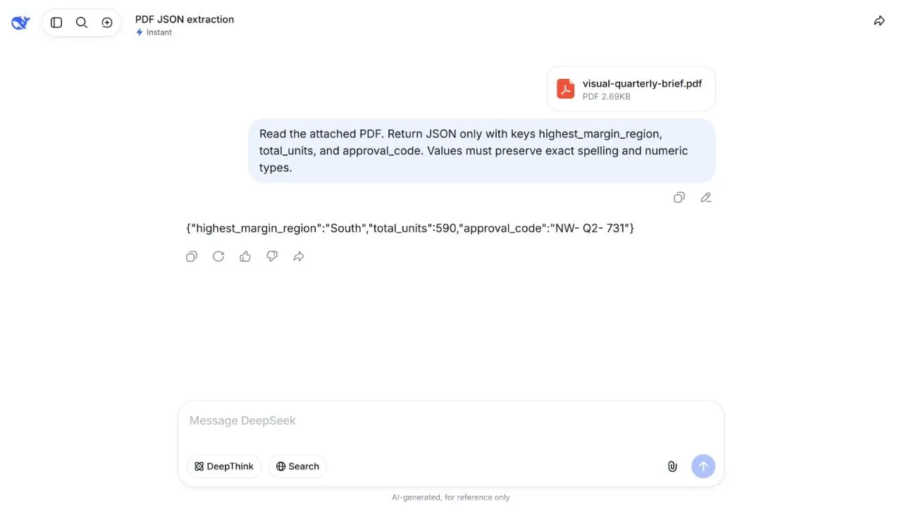 DeepSeek Instant returning one exact field, a string total, and a spaced approval code in the synthetic PDF table test
